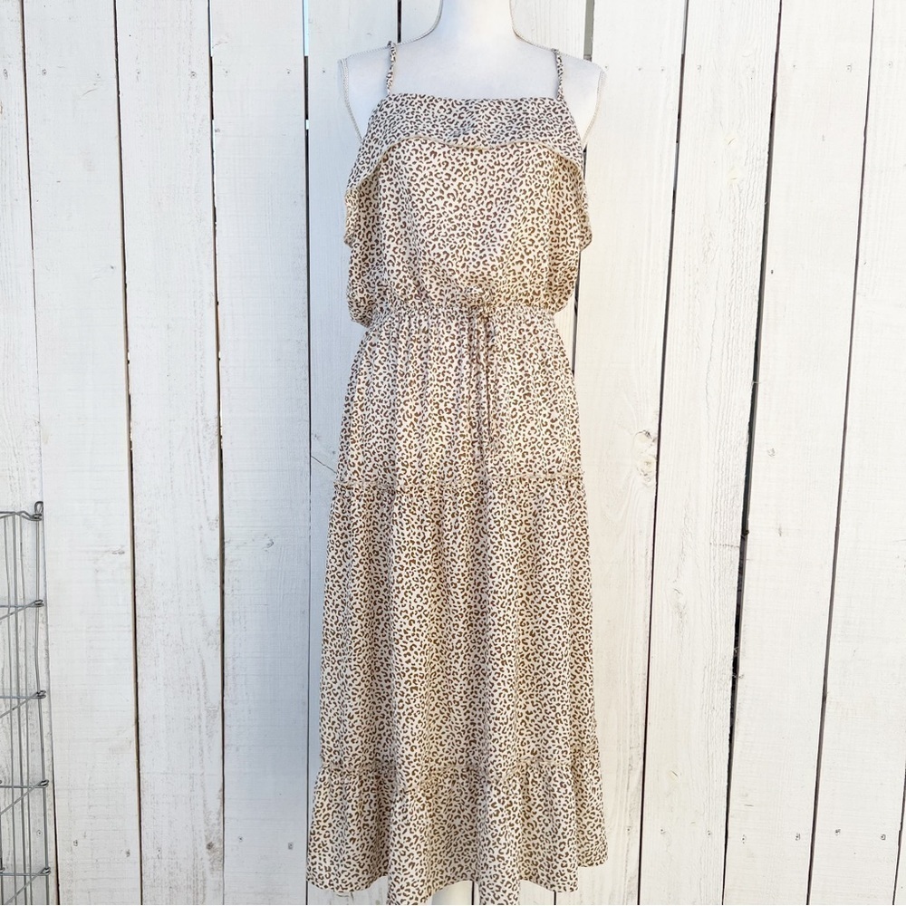 Shein Dress Large Leopard Print Ruffle Tiered Midi Tie Strap Boho